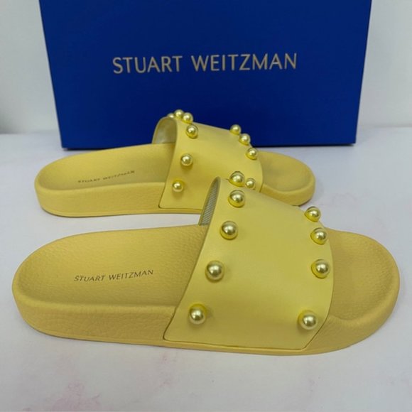 Stuart Weitzman Superstud Beaded Pool Slide Sandals in Lemon Color Size 5B NEW - Picture 2 of 7